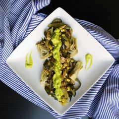 A picture of Zucchini Ribbon "Pasta" with Artichokes and Avocado Dressing.