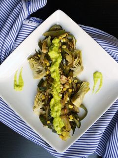 A picture of Zucchini Ribbon "Pasta" with Artichokes and Avocado Dressing.