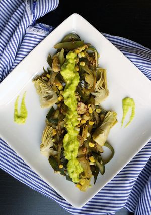 A picture of Zucchini Ribbon "Pasta" with Artichokes and Avocado Dressing.