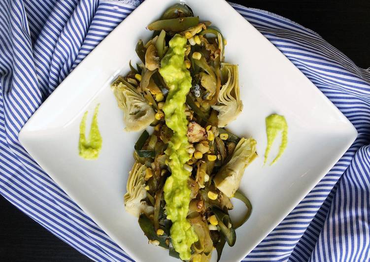 Simple Way to Cook Appetizing Zucchini Ribbon "Pasta" with Artichokes and Avocado Dressing