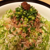 A picture of Okra and Natto Soba with Grated Daikon (served cold).