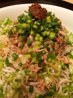 A picture of Okra and Natto Soba with Grated Daikon (served cold).