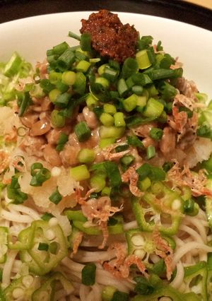 A picture of Okra and Natto Soba with Grated Daikon (served cold).