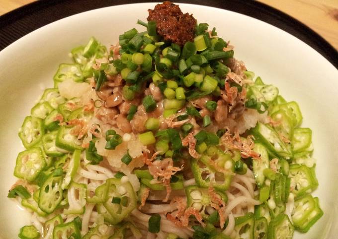Okra and Natto Soba with Grated Daikon (served cold)