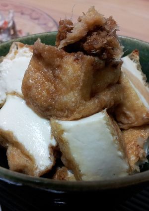 A picture of Toasted Atsu-Age (deep fried tofu) with Ginger Shoyu.