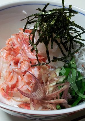 A picture of Fresh Baby Shrimp and Baby Sardines Over Rice.