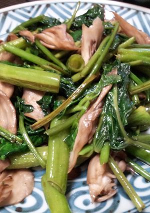 A picture of Ong Choy and Mushrooms with Oyster Sauce.