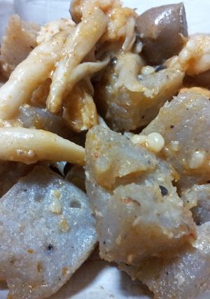 A picture of Konnyaku Mushrooms with Miso Oyster Sauce.