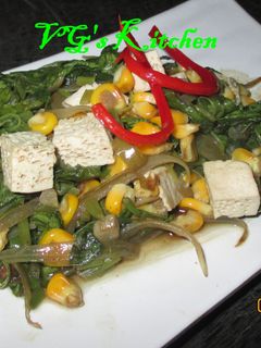 A picture of Spinach, Corn and Tofu Sauté (TUMIS BAYAM JAGUNG TAHU).
