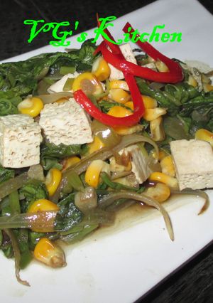 A picture of Spinach, Corn and Tofu Sauté (TUMIS BAYAM JAGUNG TAHU).