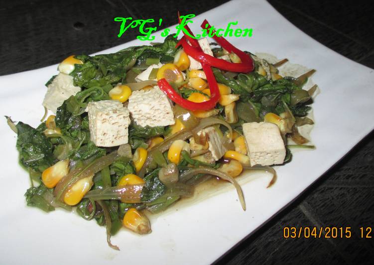 Spinach, Corn and Tofu Sauté (TUMIS BAYAM JAGUNG TAHU)