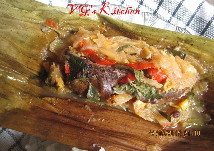 Steps to Make Any-night-of-the-week Dried Fish and Young Mango Wrapped in Banana Leaves (PEPES IKAN KERING)