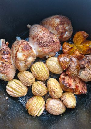 A picture of Air Fryer Chicken and Hasselback Potatoes.