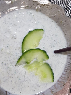 A picture of Yogart, cucumber and mint raita.