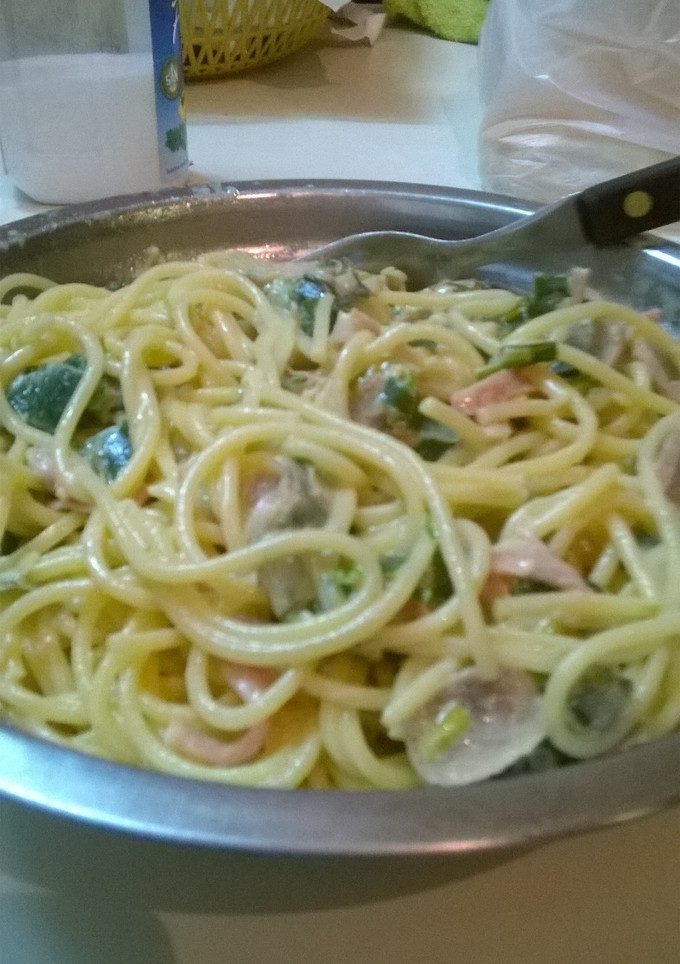 Una foto de Spaguetti a la carbonara con champignons