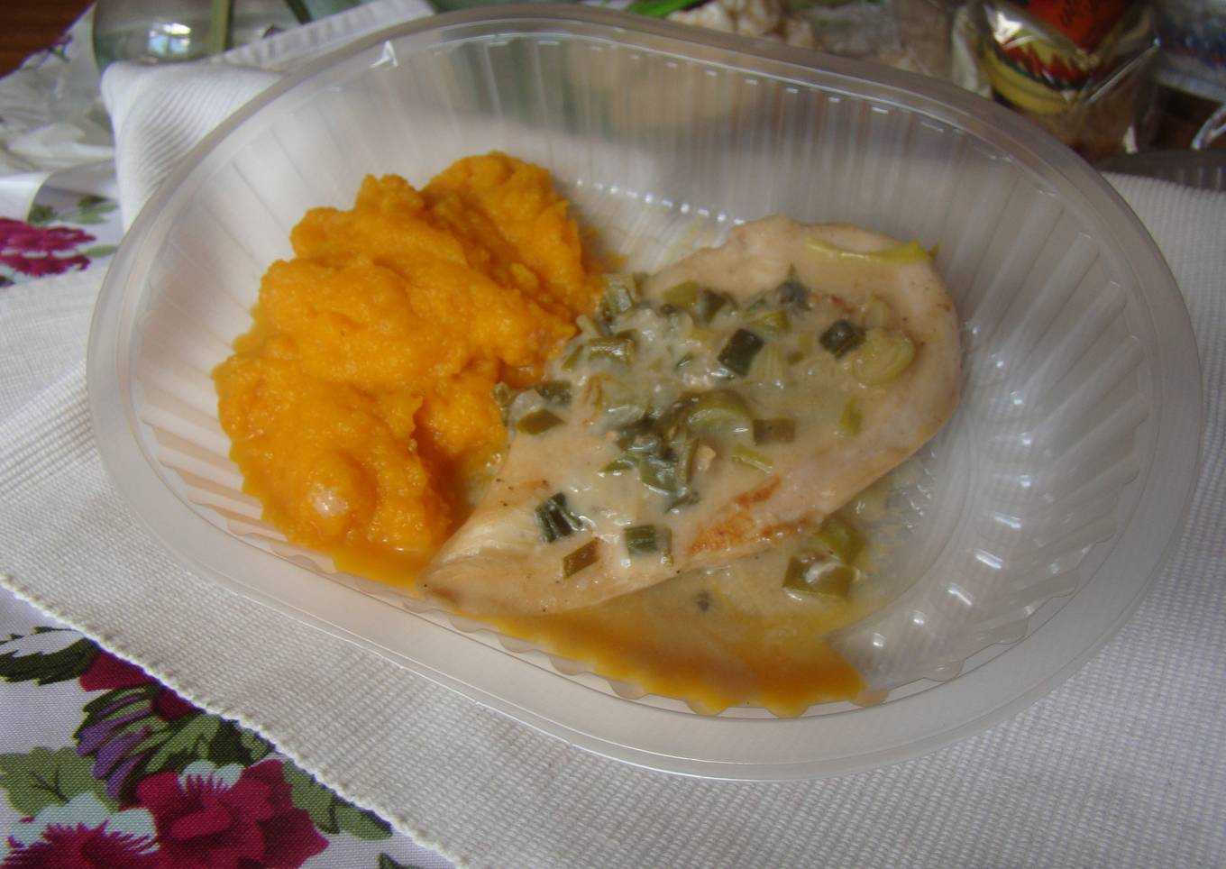 Pollo al verdeo light, con puré de calabaza 