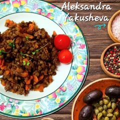 A picture of Green lentils with stewed beef, in a multi cooker.