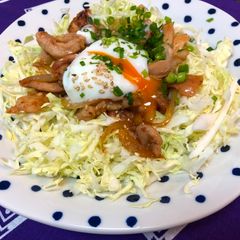 A picture of Teriyaki Chicken with Poached Egg.
