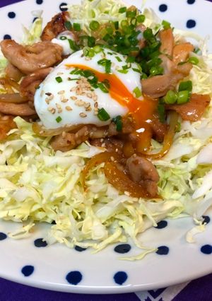 A picture of Teriyaki Chicken with Poached Egg.