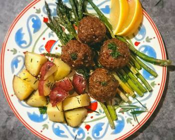 Update, Prepare Recipe Beef Meatballs w Roasted Potatoes and Spicy Asparagus Delicious