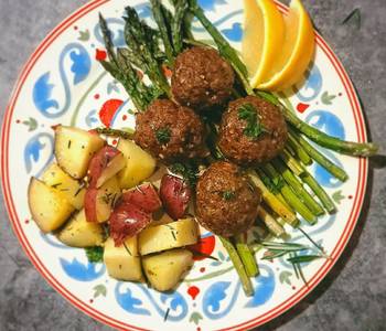 New Recipe Beef Meatballs w Roasted Potatoes and Spicy Asparagus Delicious Steady