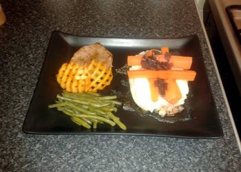 Easy Fast Cooking steak medallion with red wine reduction crispy slice butter mash  veg Delicious and Healthy