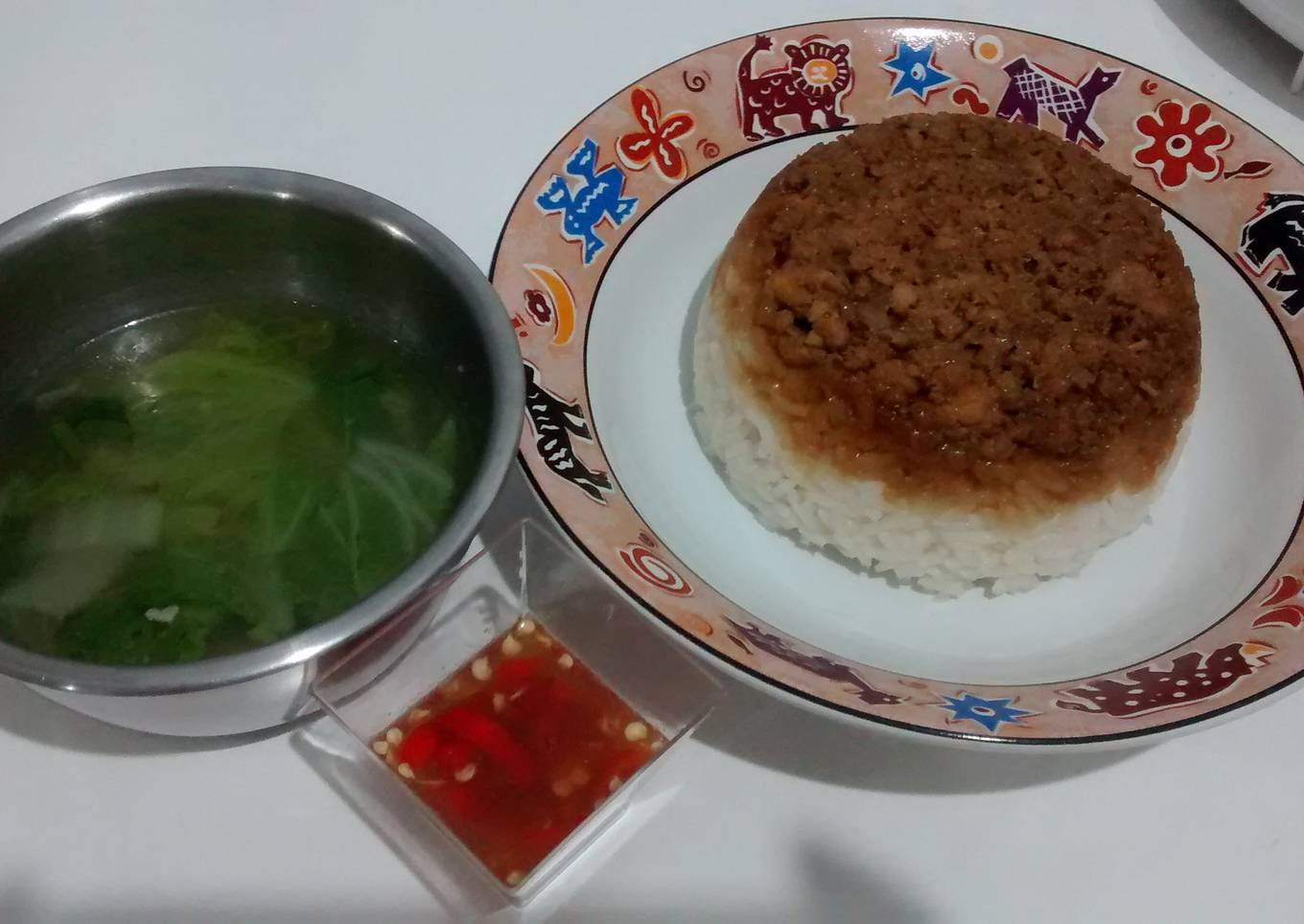 Nasi tim ayam cincang jamur merang