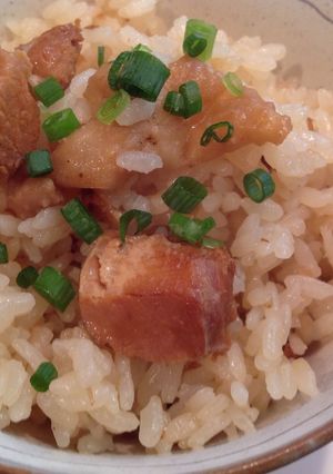A picture of Easy Takikomi Gohan with Canned Yakitori.
