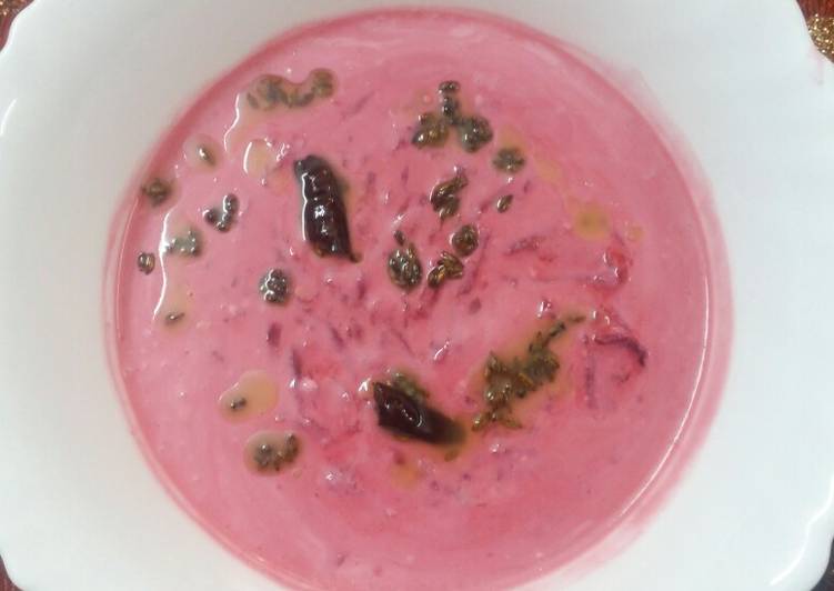 Recipe of Perfect Beetroot raita with flavoured tadka