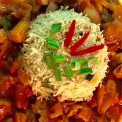 Sweet and sour chicken with veg fried rice A picture of Sweet and sour chicken with veg fried rice.