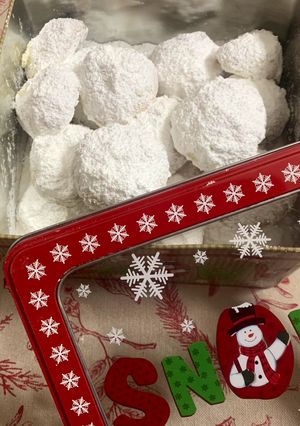 A picture of Traditional Kourabiedes with Less Sugar and Lots of Secrets (Greek Christmas Snowball Cookies).