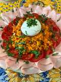 Salade de carottes, tomates, mortadelle de Bologne et mozzarella
