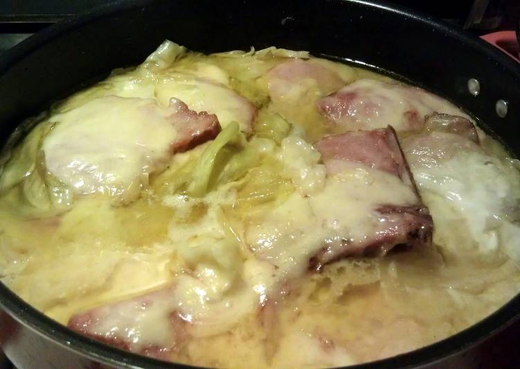 How to Make Yummy ham chops with cabbage in a butter swiss cheese sause