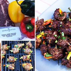 Top Round Wagyu Beef Steak Roll Ups with Peppers & Onions A picture of Top Round Wagyu Beef Steak Roll Ups with Peppers & Onions.