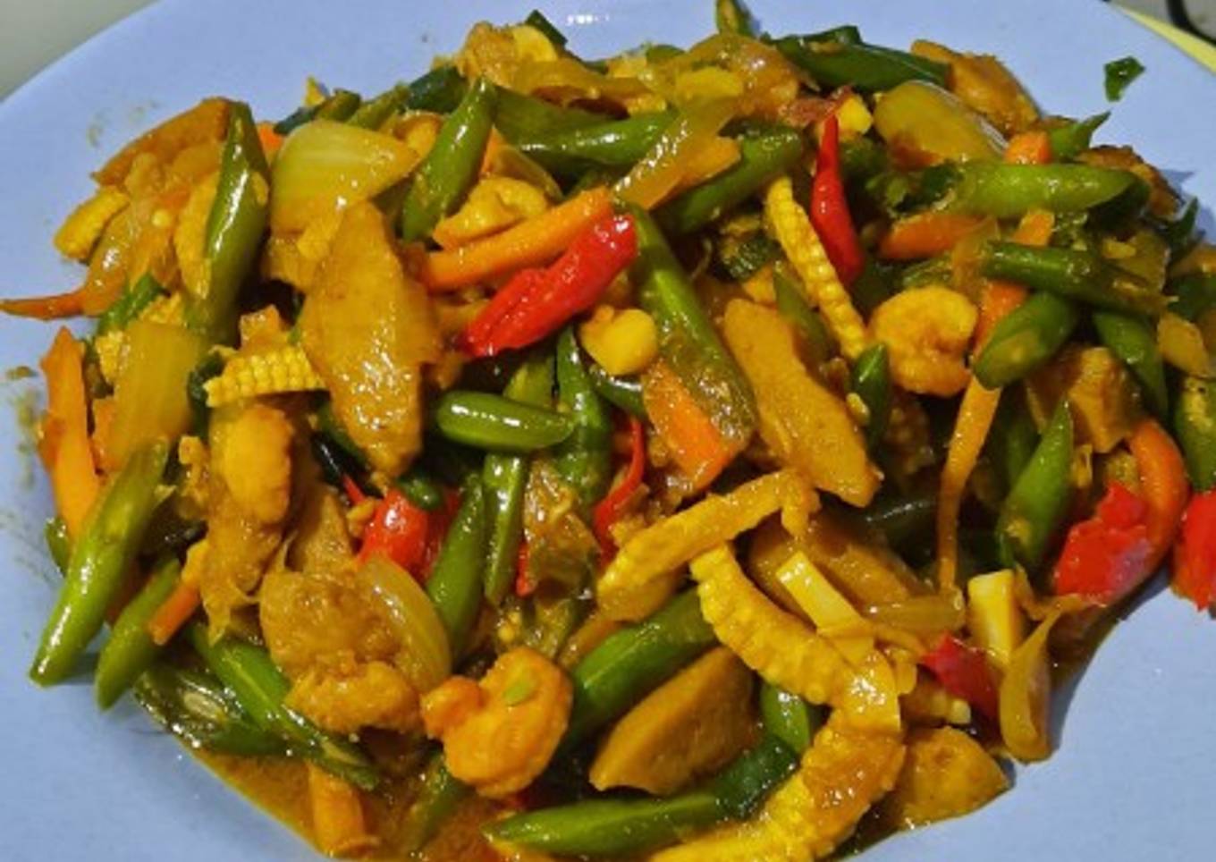 Oseng buncis, udang, baby jagung,wortel,bakso