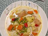 Újburgonyás, zöldborsós,kapros vegán leves