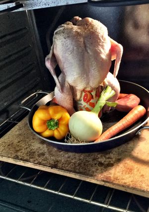 A picture of Beer Can Chicken in an oven!.
