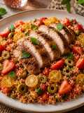 Sovracoscia di Tacchino Arrostita con Couscous Integrale alle Fragole, Olive Verdi e Menta