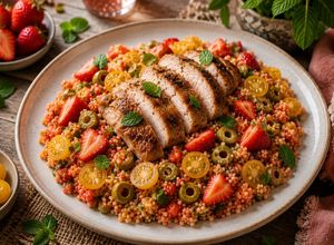 Foto di Sovracoscia di Tacchino Arrostita con Couscous Integrale alle Fragole, Olive Verdi e Menta