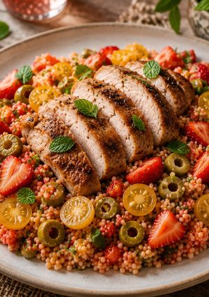 Foto di Sovracoscia di Tacchino Arrostita con Couscous Integrale alle Fragole, Olive Verdi e Menta