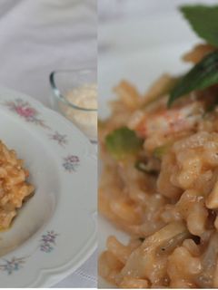 Una foto de Risotto de gambas, alcachofas, calabacín y setas, con aove
