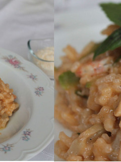 Una foto de Risotto de gambas, alcachofas, calabacín y setas, con aove