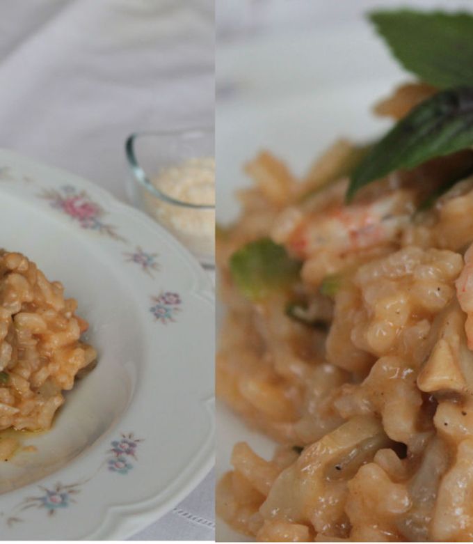 Foto principal de Risotto de gambas, alcachofas, calabacín y setas, con aove