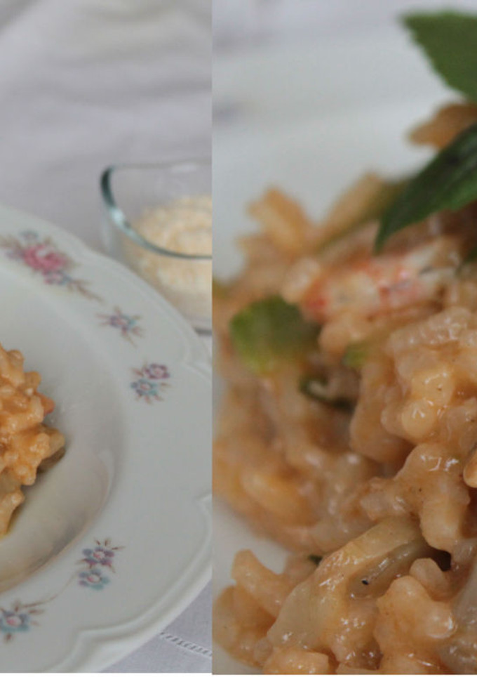Una foto de Risotto de gambas, alcachofas, calabacín y setas, con aove