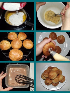 Una foto de Profiteroles rellenos de crema pastelera en salsa de chocolate