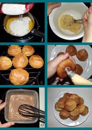 Una foto de Profiteroles rellenos de crema pastelera en salsa de chocolate