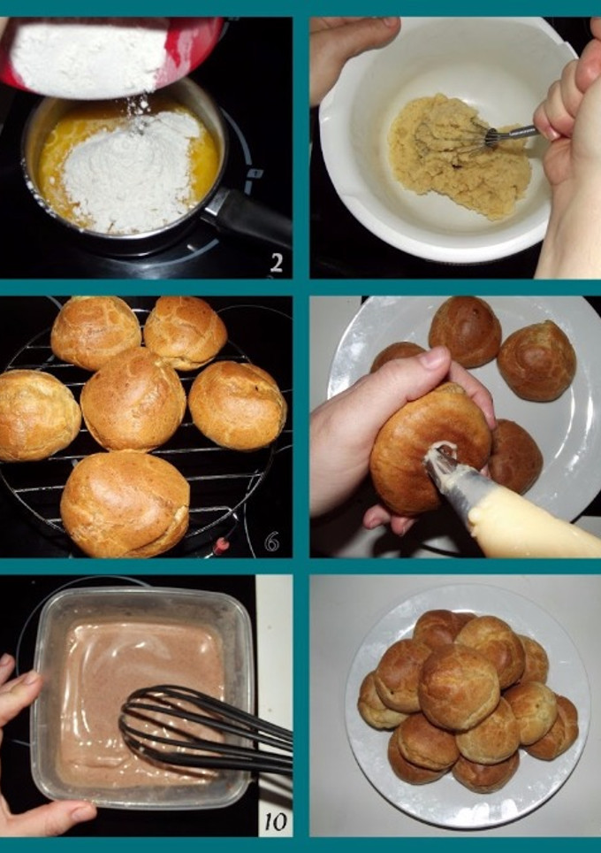 Una foto de Profiteroles rellenos de crema pastelera en salsa de chocolate