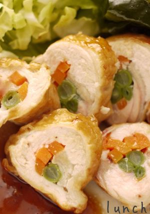 A picture of Teriyaki Chicken Rolls with Chicken Breast and Golden Sauce.