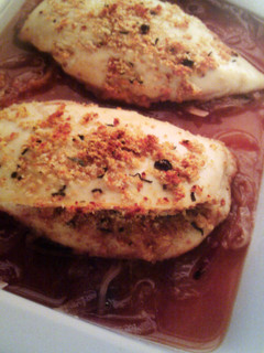 A picture of 'V' cider braised stuffed chicken.