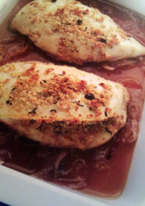 A picture of 'V' cider braised stuffed chicken.